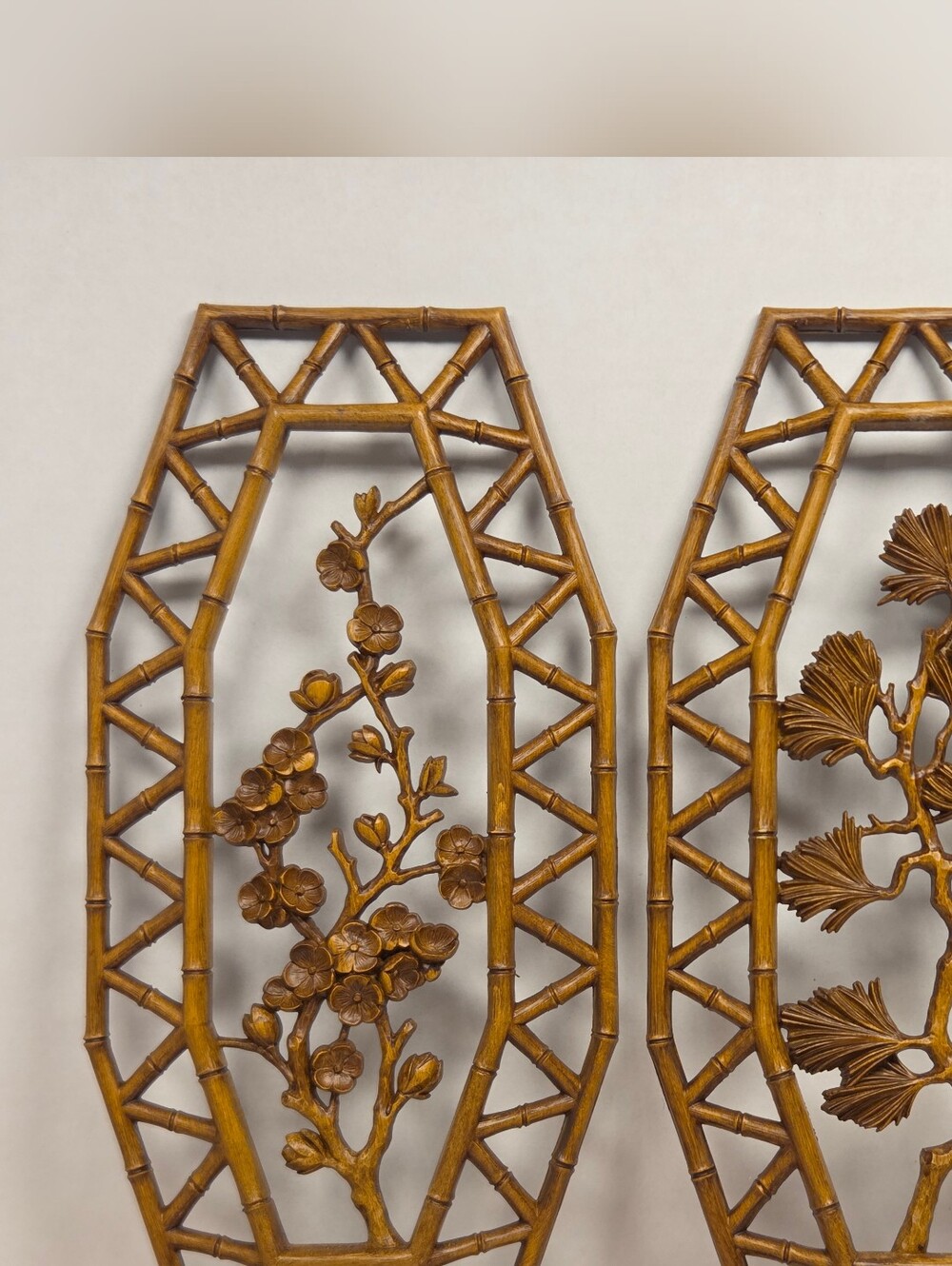 Vintage Homeco Wall Hanging Plastic Faux Bamboo Pair, Floral Lattice Framed 1977